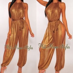 Bronze Metallic Slit Leg Jumpsuit 